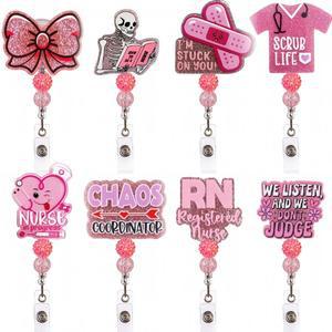 2025 신규 디자인 1개 반짝이는 아크릴 비즈 접이식 간호사 배지 릴 귀여운 리본 하트 RN ID 카드 홀더 키