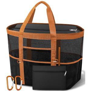 대형 비치백 여성용 u2014 캔버스 11개 토트 메시 파우치 지퍼, 분리형 지퍼 파우치 | 40L 탑 포켓,