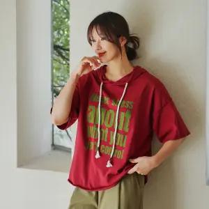 [핑크시슬리] 어바웃 컷팅 배색레터 박스 반팔 후드