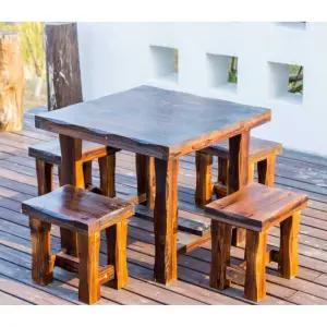 레트로 원목 방부목 야외 4인 사각 테이블 벤치 의자 세트 앤틱 빈티지 나무 식탁 카페