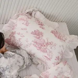 뜨왈 패턴 광목 프릴 베개커버 50x70 핑크 단품 커버