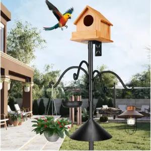 다람쥐 방지 배플이 있는 92인치 금속 새 모이통 폴 후크 4개 및 트레이 2개 - 헤비 듀티 5-프롱 베이스