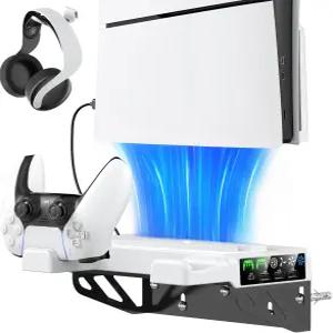 냉각 팬 및 충전소가 있는 PS5/슬림/프로 벽걸이 키트 모든 플레이스테이션 디스크 디지털 콘솔용 선반