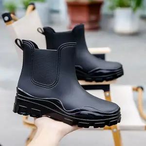 여성 2컬러 유광 앵클 레인부츠 미들굽 장화