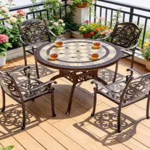 프리미엄 앤틱 야외 4인 주물 알루미늄 원형 테이블 의자 세트 타일 철제 빈티지 예쁜 정원