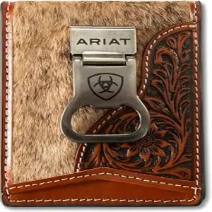 ARIAT 남성 송아지 털 꽃무늬 엠보싱 병따개 가죽 머니 클립