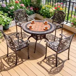 앤틱 레트로 야외 4인 주물 타일 세라믹 원형 테이블 세트 빈티지 알루미늄 철제 카페 정원