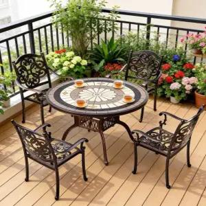 프리미엄 야외 4인 주물 알루미늄 원형 테이블 세트 북유럽 빈티지 타일 철제 정원 테라스