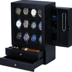 남성용 대형 시계 상자 선글라스 목걸이용 측면 서랍이 있는 12슬롯 디스플레이 케이스 보석 반지용 하단