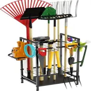 차고용 정원 도구 정리함 야드 랙 최대 36개의 긴 손잡이 창고 차고 정리를 위한 후크가 있는 블랙 메탈