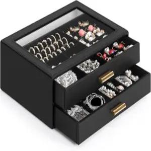 투명 뚜껑이 있는 AKOZLIN 주얼리 박스 기능성 가죽 보관 정리함 케이스 여성용 서랍 2개 목걸이 반지 팔찌