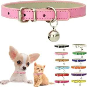 벨이 달린 핑크 XXS 고양이 목걸이 부드러운 퓨 가죽 강아지 조절 가능한 버클 XS 엑스트라 스몰 미디엄