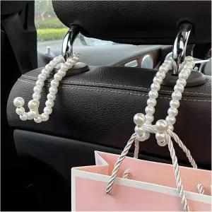 NYTKL 2PCS 우아한 진주 카시트 헤드레스트 후크 귀여운 차량 뒷좌석 행거 지갑 핸드백 키 식료품 가방을