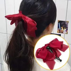 리본바나나핀 올림머리 쉬폰 왕리본 바나나핀 레드