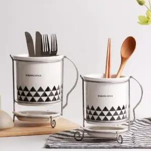 (선택 선택/01 북유럽 수저통 중)물빠짐 도자기 위생 다용도 북유럽풍 손잡이 수저통