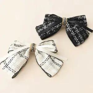 트위드이중리본 체크무늬 자동핀 헤어악세사리 데일리 꽃핀 실핀