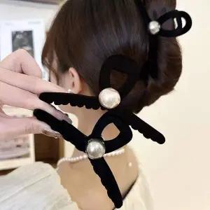 빅 진주 포인트 헤어집게핀 블랙 벨벳 머리 집게