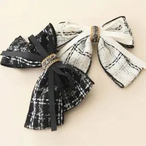 여성 가을 겨울 트위드 체크 이중리본 자동핀 집게핀