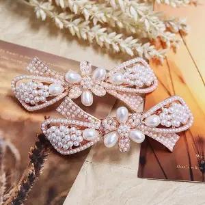 SFr 진주 바레트 자동핀 여섯꽃잎 리본