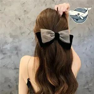 벨벳 하운드 체크 리본 머리핀 스타일 머리