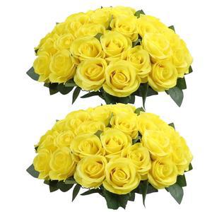 DELOVO 52피스 DIY 가짜 부케 브라이덜 조화 실크 장미 줄기 포함 노란 웨딩