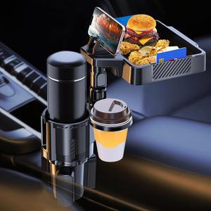 확장 가능한 컵 홀더 트레이와 360 전화 스탠드가 있는 자동차 음식 트레이, 4 in 1 탈부착 및 회전 2 개의 어댑터와 자동차용 베이스가 여행용 도로 필수품