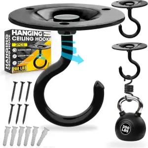 업그레이드 2Pc 200LBS 회전식 천장 후크 블랙 견고한 벽걸이 금속 걸이 원형 식물 새 모이통 조명 침대