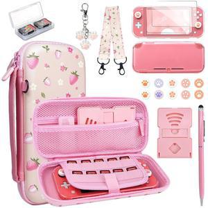 FIWAT 스위치 라이트 케이스 휴대용 - 엄지 그립이 있는 닌텐도 액세서리 번들, 투명 보호, 화면 보호 커버, 귀여운 펜던트, 스탠드, 스타일러스, 여아용, 핑크색