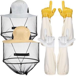 뉴코트 양봉 장갑 모자 세트 두꺼운 염소 가죽 2개와 울타리 베일 모기 그물망 마스크가 숨겨진 순면