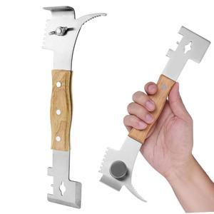 나무 손잡이가 있는 두수 다용도 강철 벌집 도구, 긁기, 튀김 및 프레임 청소를 위한 7-in-1 양봉 도구