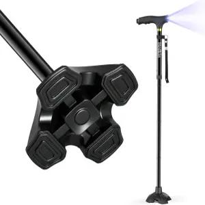 LED 조명이 있는 헤드킨 워킹 지팡이 접이식 조절 가능한 독립형 노인 및 쿼드 베이스가 스틱