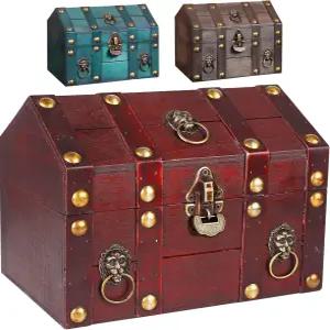 GemJelry 대형 빈티지 나무 보물 상자 금속 잠금장치 포함 - 앤티크 보석함 수납 및 장식용 박스 여성용