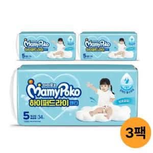 마미포코 하이퍼드라이팬티 여아용, 특대형, 34매, 3팩, 1개