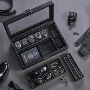 프로케이스 남성용 주얼리 박스 5슬롯 우드 워치 디스플레이 보관함 선글라스 링 액세서리 숨겨진 수납공간