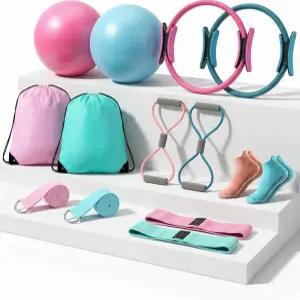 가정용 필라테스 장비 키트 n여성용 12인치 서클 요가 링 및 볼 세트 n저항 밴드 스트랩 양말 가방 포함 n