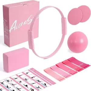 여성용 롱송 필라테스 키트 5개의 저항 밴드가 있는 13.7인치 실리콘 링 요가 볼 1개 블록 코어 슬라이더