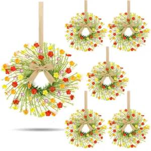 리넨 리본이 달린 미니 야생화 캐비닛 화환 6개 농가 테이블 벽 장식 현관 창문용 인조 기둥