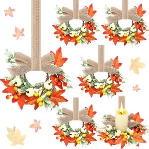 주방 캐비닛용 미니 가을 화환 6개 베리 리본 보우가 있는 호박 양초 링 문 테이블 벽 창문 장식용 작은