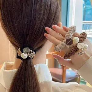[골드스마일]패브릭 기하학 진주 포인트 예쁜 펜던트 머리끈 세트 학생머리끈