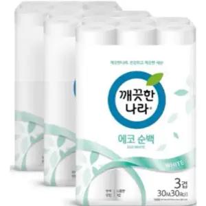 깨끗한나라 3겹 에코순백 화장지 30m 30롤 3팩
