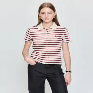 헤지스 여성 25FW 코튼 저지 스트라이프 반팔 카라 가디건 아이보리 HSTS5C702IV