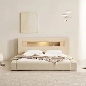 [삼익가구]포레티 편백나무 LED조명 오픈형 가죽 침대(7존 독립스프링 매트리스-퀸)