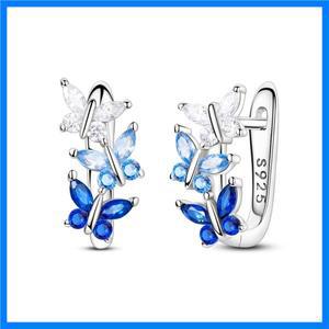 925 스털링 실버 귀걸이 비행 그라디언트 블루 나비 프랑스어 스타일 후프 귀걸이 기념일 웨딩 쥬얼리 선물