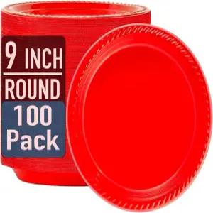 17 특별 행사 파티 저녁 식사 피크닉 또는 여행을 위해 일회용 플라스틱 접시 빨간색 100개들이 9인치 원형