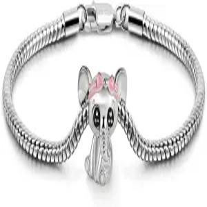 여성 925 스털링 실버 팔찌 귀여운 동물 코끼리 매력 랍스터 걸쇠 뱀 체인 링크 주얼리 선물