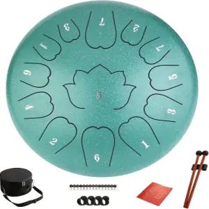 스틸 텅 드럼 - 12인치 13노트 음악책이 있는 C 메이저 야외 레인 핸드팬 망치 및 캐리백(그린)