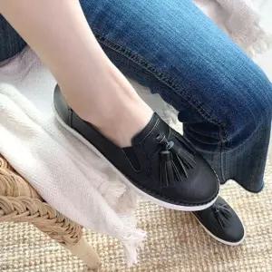 국내제작 테슬 장식 포인트 양밴드 통굽 여성 슬립온Y 여자슬립온