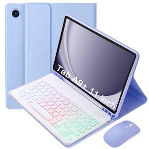 삼성 갤럭시탭 A9+ /A9 플러스 11인치 2023용 VLEAQC 키보드 케이스(SM-X210 / X216 / X218) 탈착식 컬러 백라이트 블루투스 키보드 마우스 펜 홀더가 있는 슬림 경량 스탠드 커버(보라색)