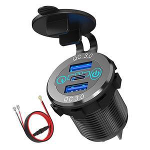 PD 타입 C 차량용 충전기 소켓, QC3.0 듀얼 포트 60W USB 트리플 12V 자동차 보트 마린용 터치 스위치 포함