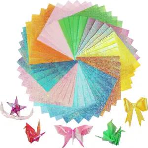 글리터 오리가미 종이 100장 10가지 색상의 반짝이는 무지개색 - DIY 장식 스크랩북 접이식 공예 예술 및